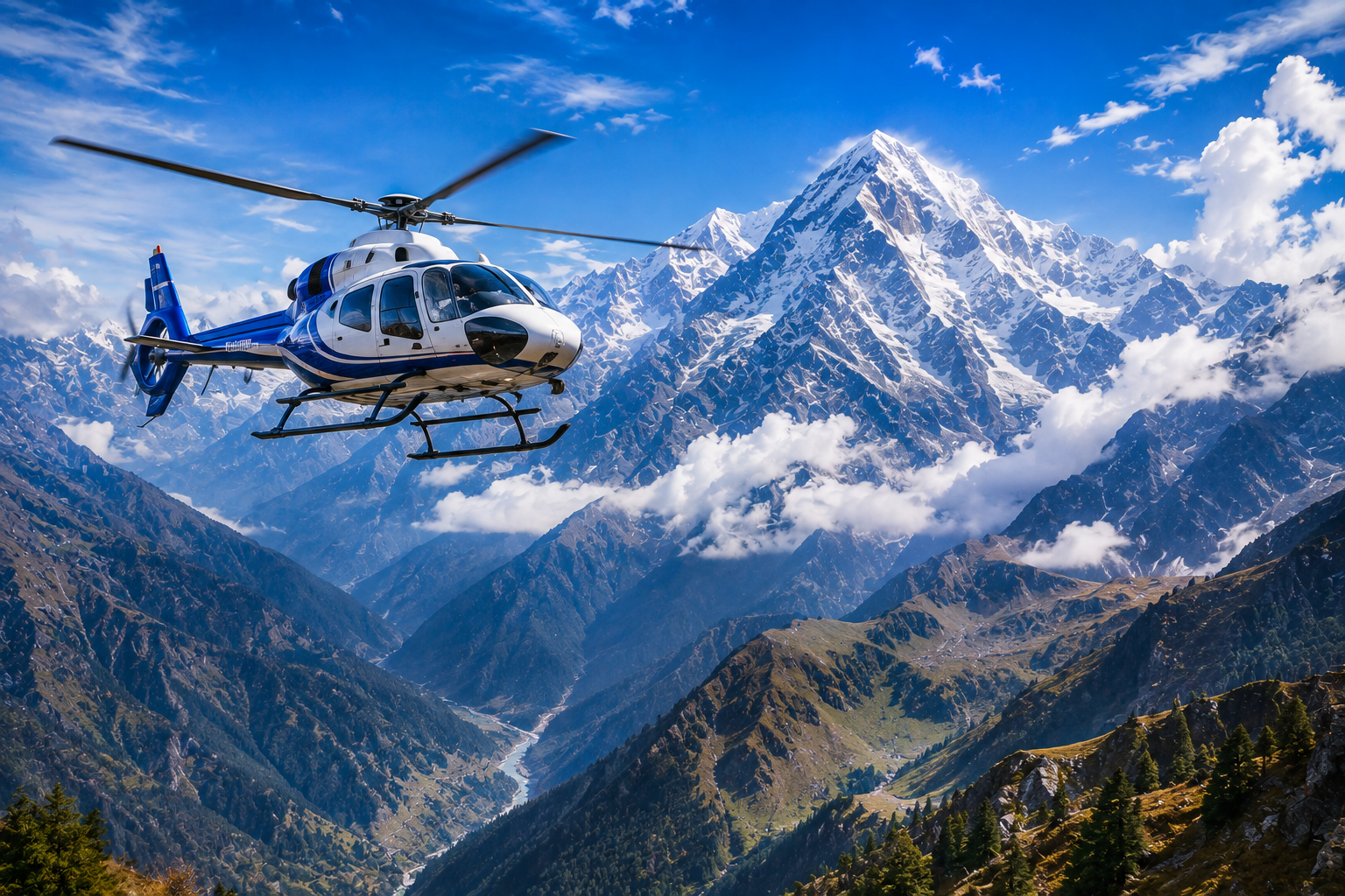 Kedarnath helicopter service flying over the Himalayan mountains