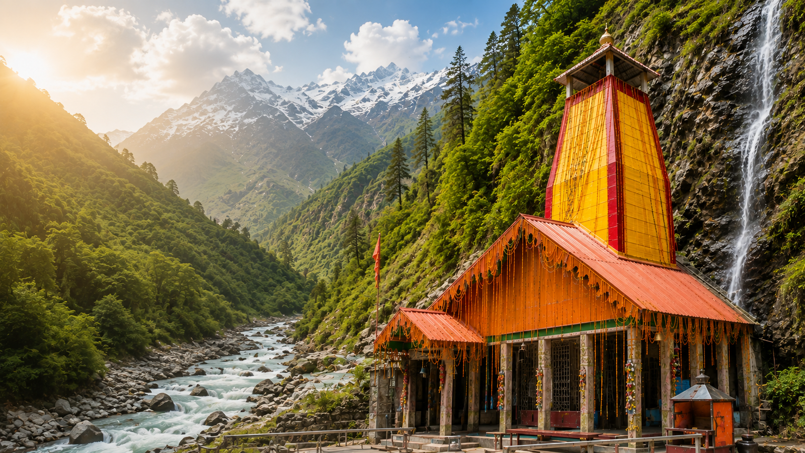 Gangotri Dham temple surrounded by Himalayan mountains